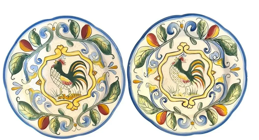 Set Of 2 Fitz & Floyd Ricamo Rooster Motif Salad Plates 8” Hand Painted